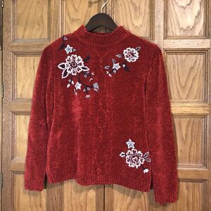 Alfred Dunner Women's PM Chenille Sweater Red Floral Cable Knit Embroidered Top